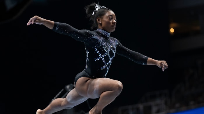 Simone Biles performs on the balance beam during the 2023 U.S. Gymnastics Championships at SAP Center.